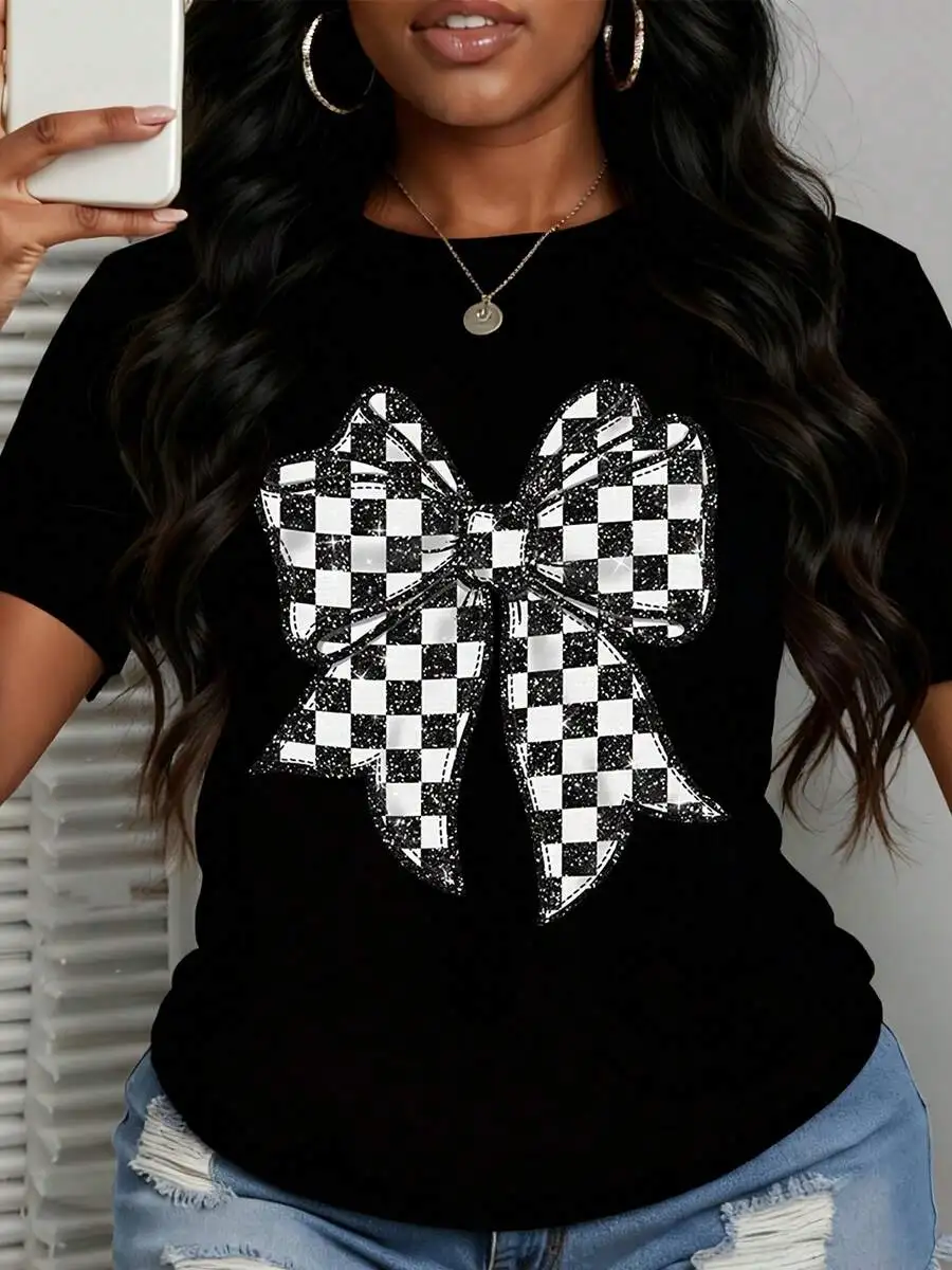 

White T-Shirt With Black And White Checkered Bow Glitter Print Women Casual Top