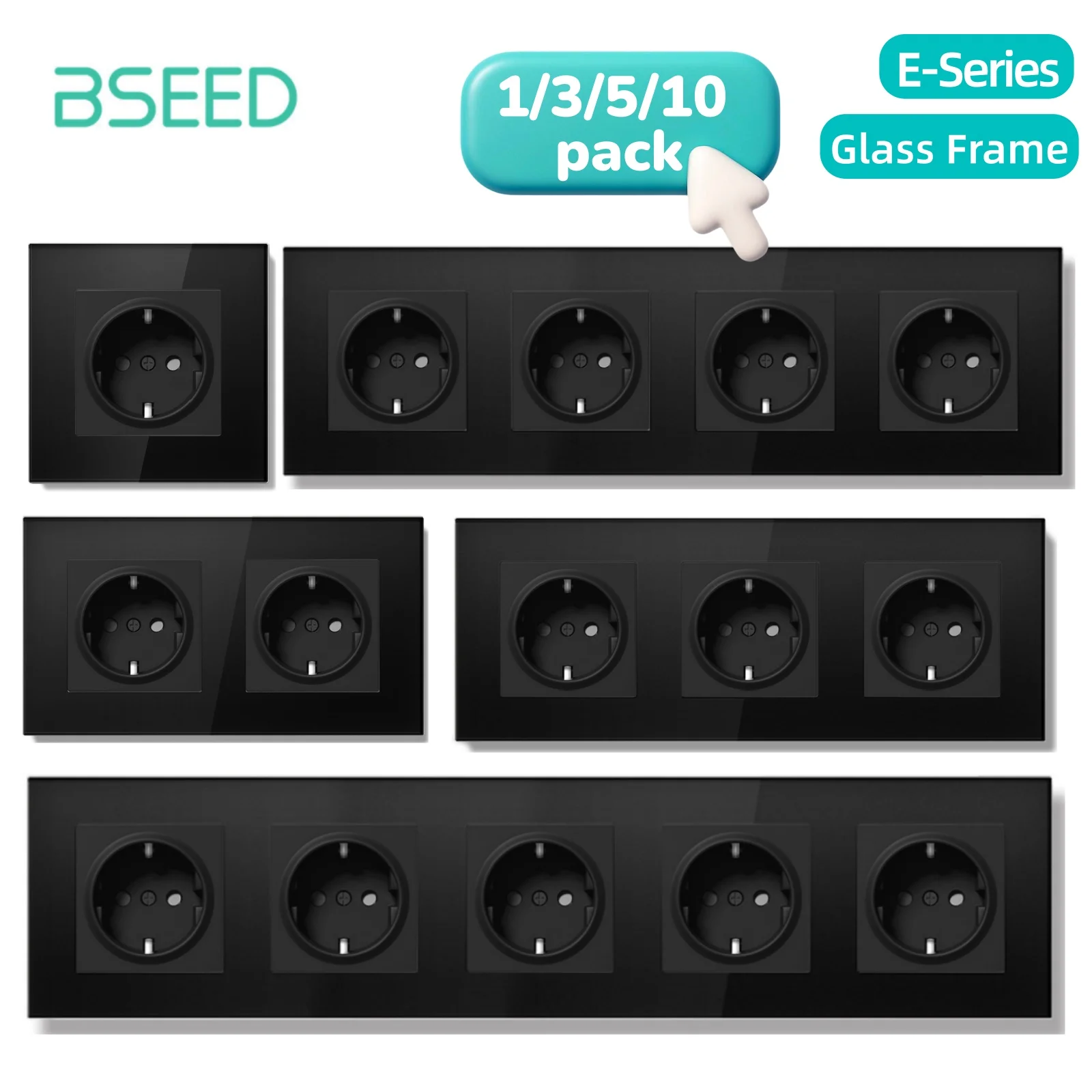 

BSEED 16A EU Socket E Series 86mm Double Power Outlets Triple Electric Sockets Crystal Glass Wall Socket Black 1/3/5/10 Pack