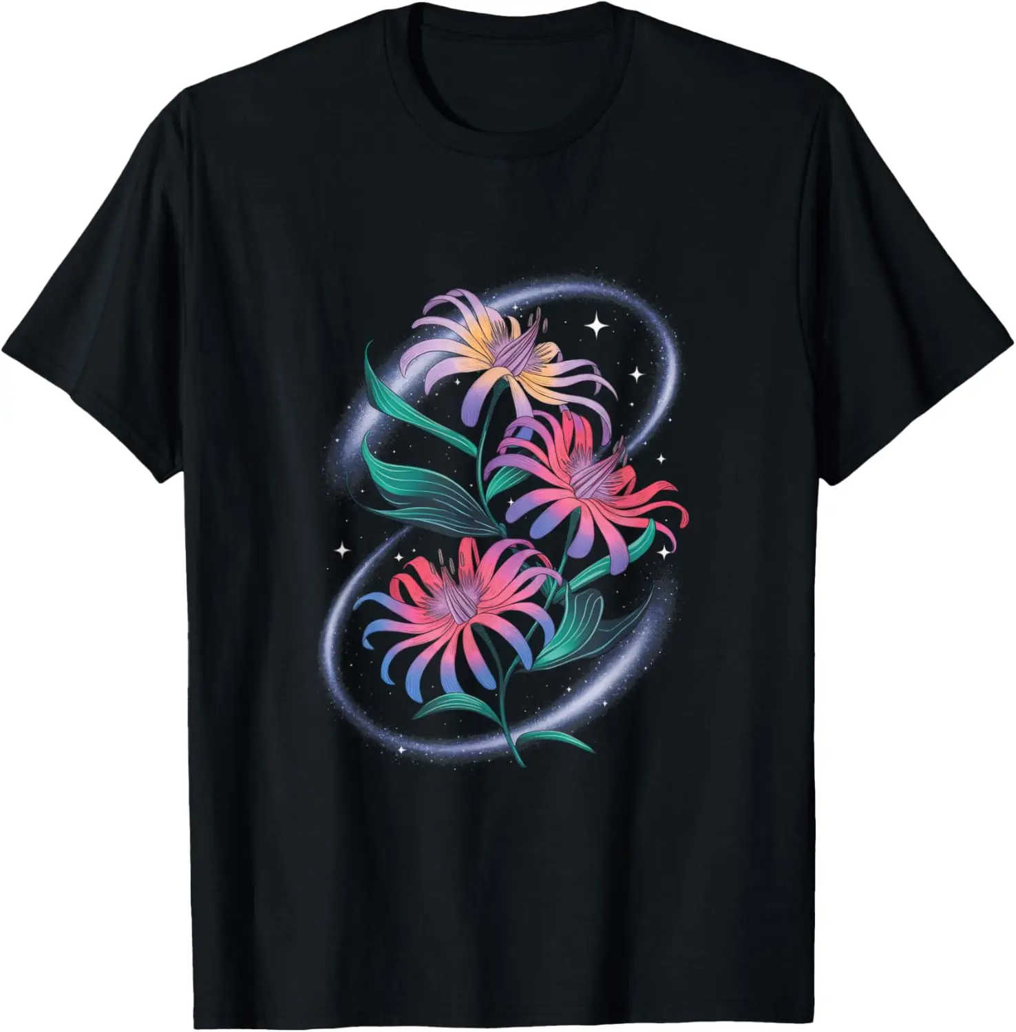 

Cosmic Japanese Lilies Flowers Abstract Art T-Shirt Custom Printed Graphic T Shirts Casual Couple Summer Tops Camiseta Hombre