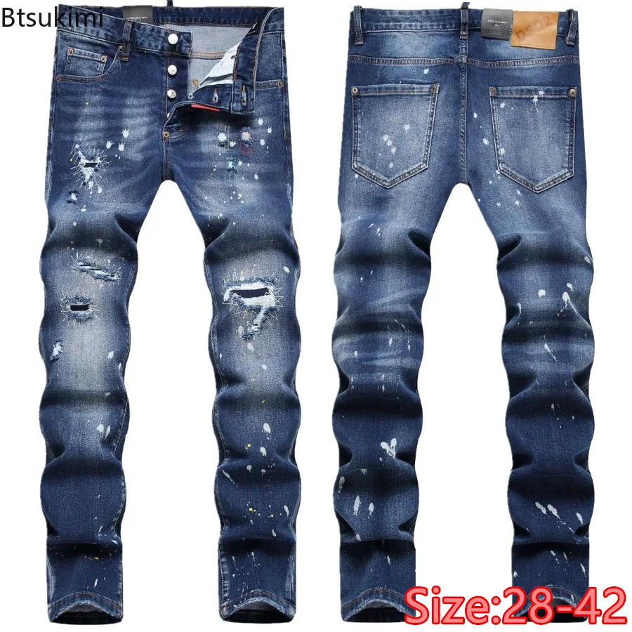 

New Street Style Hip Hop Jeans Men's Ripped Holes Slim Stretch Straight Pencil Pants Trend Versatile Casual Denim Pants for Men