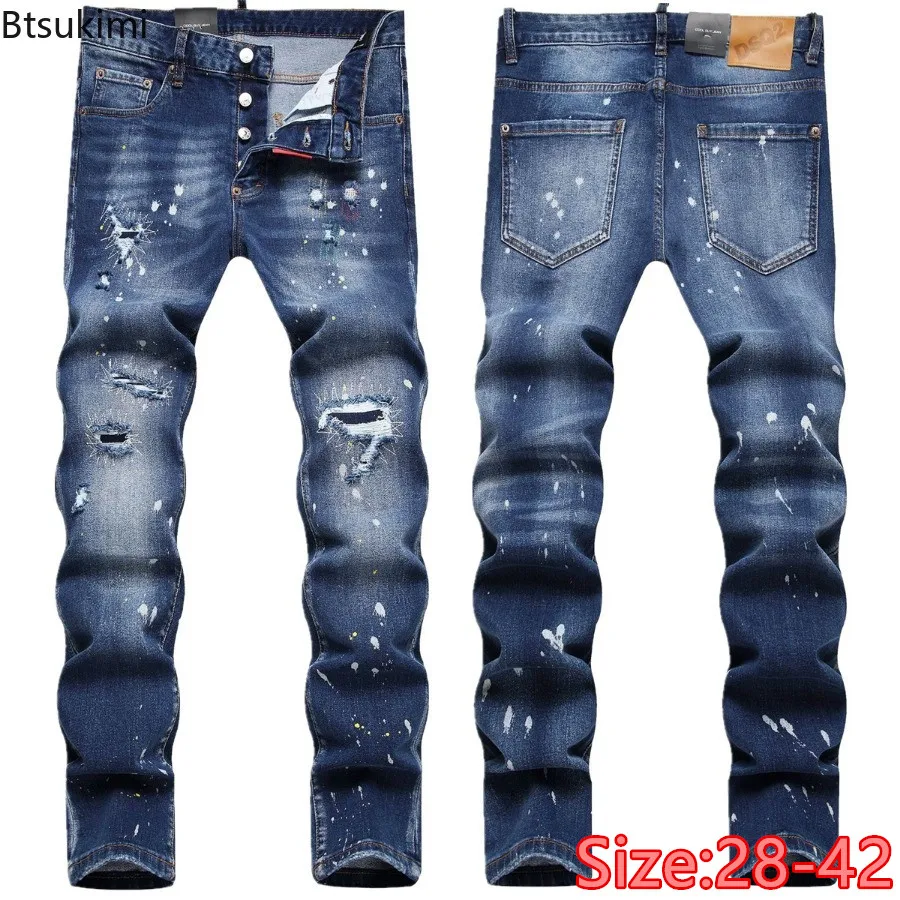 New Street Style Hip Hop Jeans Men's Ripped Holes Slim Stretch Straight Pencil Pants Trend Versatile Casual Denim Pants for Men