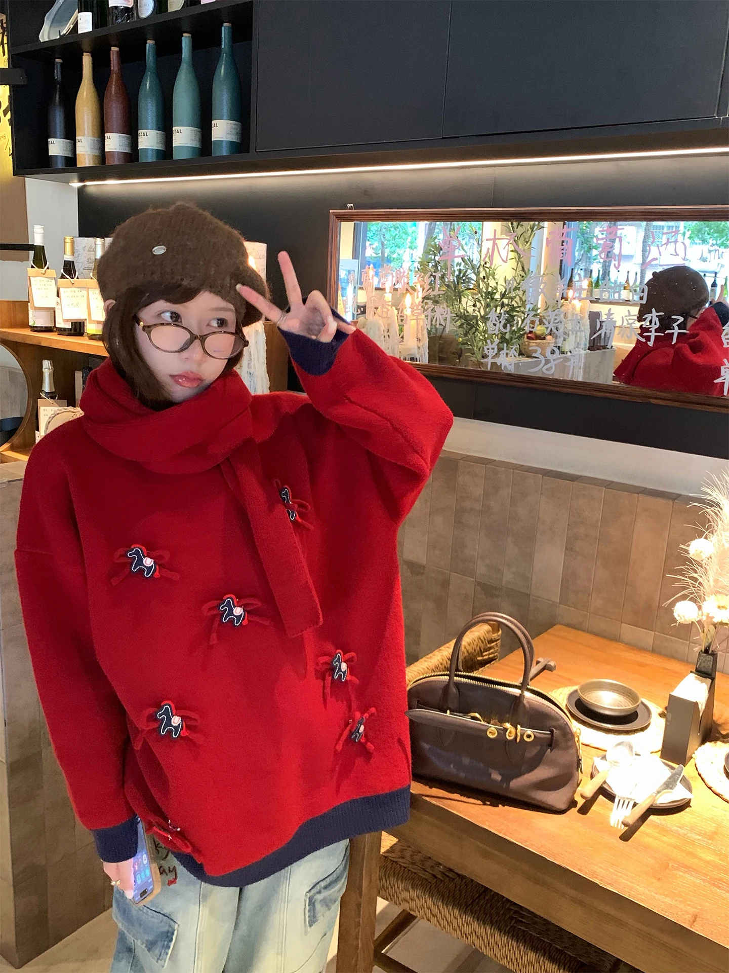 

Свитер Xuekeke Red Year женский осенне-зимний, приталенный, с шарфом, праздничный, свободного кроя...