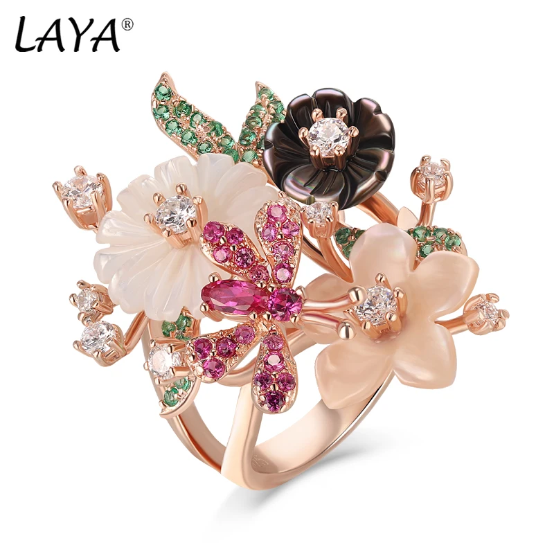 Laya pierścionek dla kobiet ekskluzywny pierścionek czerwony zielony biały cyrkon naturalny kwiat powłoki 925 Sterling Silver biżuteria anillos