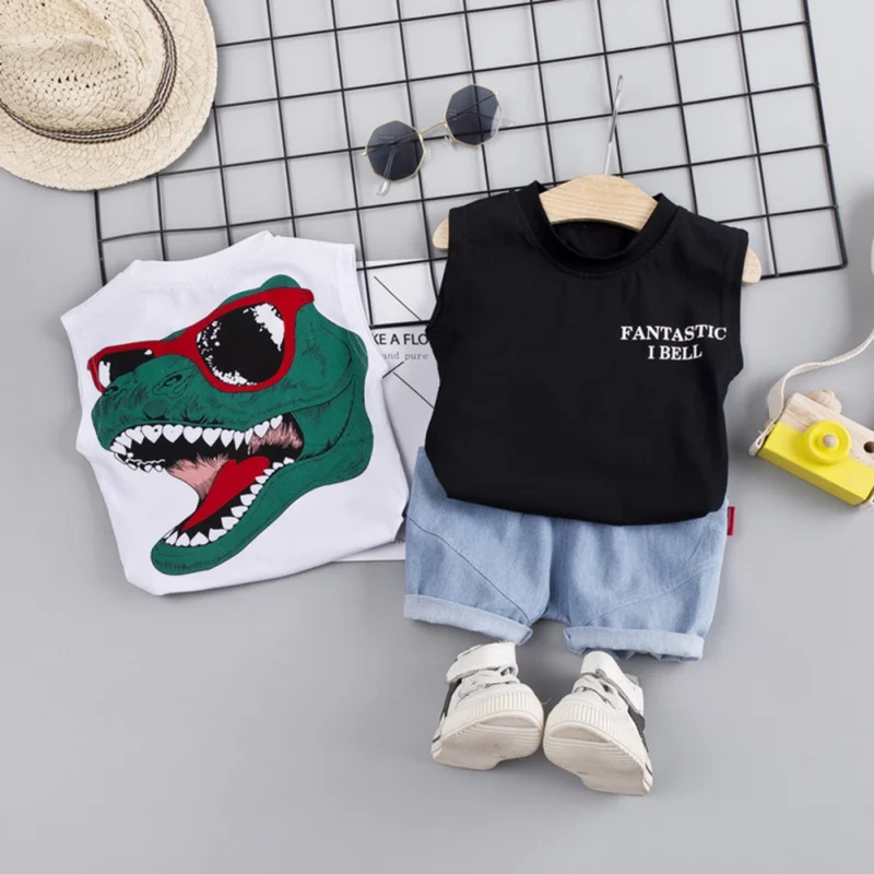 

Summer Baby Boy Casual Suit Sleeveless Letter Dinosaur Print Vest Tops+Shorts 2PCS Costume Toddler Kids Fashion Clothing Set