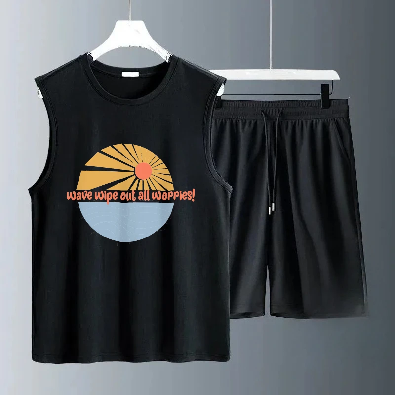 2025 الرجال الصيف بلا أكمام مجموعات غير رسمية الأحمر الشمس نصف طباعة الدعاوى تنفس اليومية مريحة المألوف ملابس رياضية للرجال