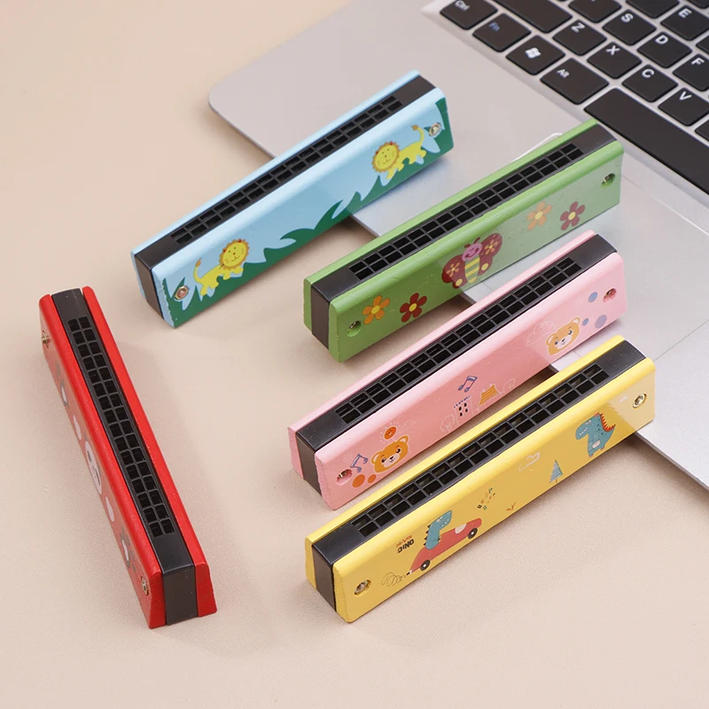 1PC Cute Montessori Educational Toys Cartoon 16 Holes Key Wood/Iron Harmonica Mouth Organ Kids Musical Wind Instrument Gift Toy