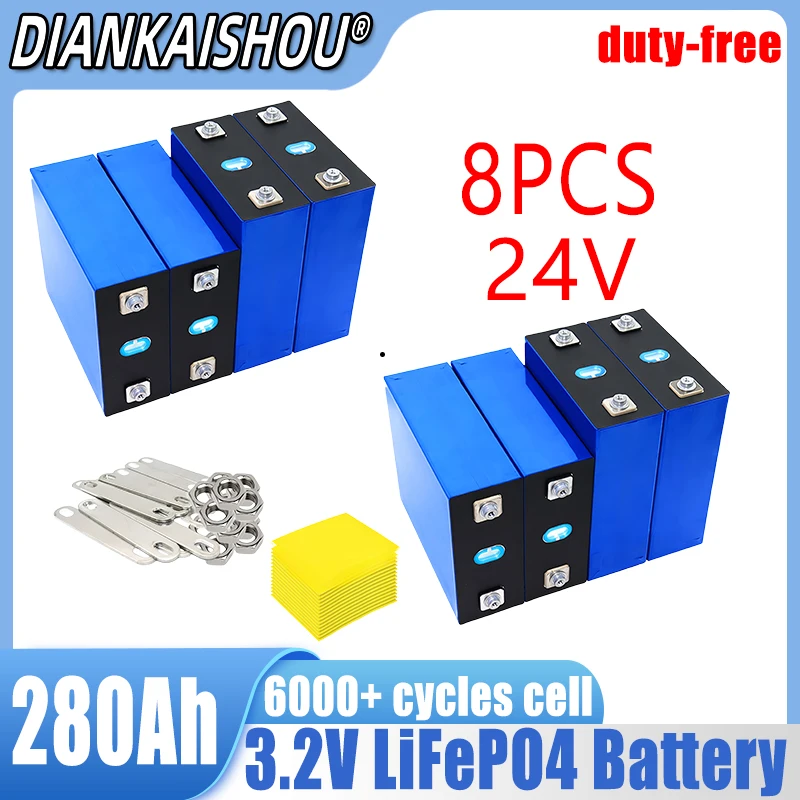 

3.2V 280Ah 8 PCS Lifepo4 Battery Rechargeable Cell 12V 24V 48V Grade A Lithium Iron Phosphate Prismatic For RV Boats duty-free