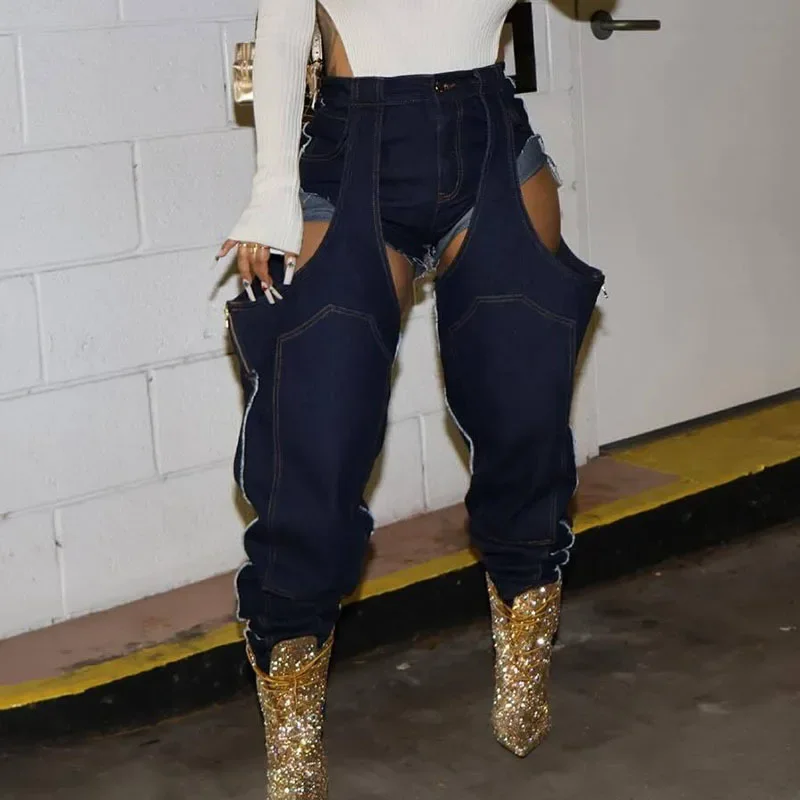 

Elegant Solid Color High Waist Elastic Irregular Hollow Denim Pencil Pants Trendy Solid Color Hollow Out Patchwork Denim Pants