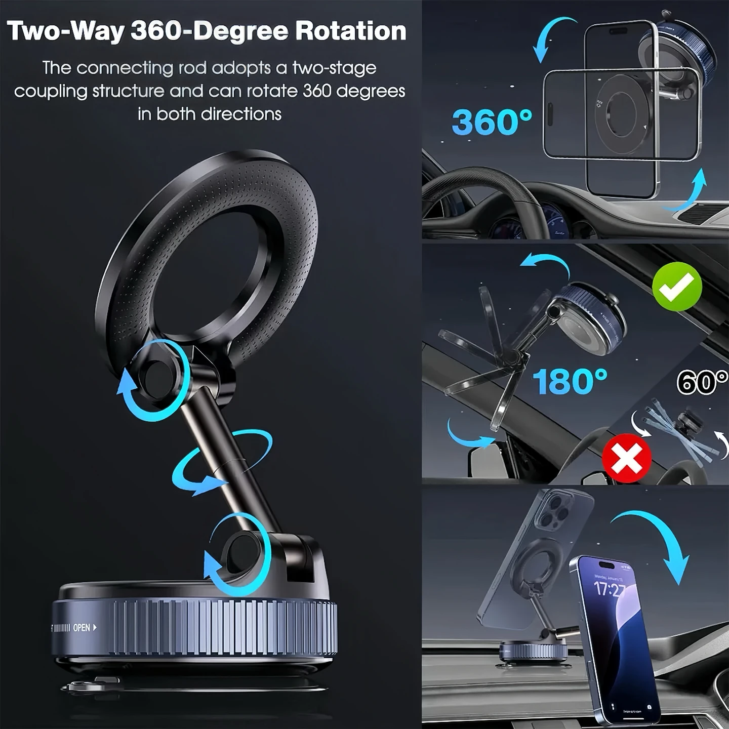 

Магнитный автомобильный держатель для телефона 360° ° Вращающееся вакуумное всасывающее крепление, выдвижная стабильная конструкция, подставка для телефона, автомобильные аксессуары
