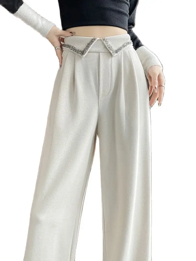 

QOERLIN Lapel High Waist Beaded Pants Women's 2024 Wide Leg Straight Pants Elegant Loose Trousers Office Ladies Black Grey Beige