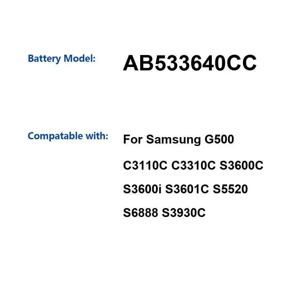 

Аккумулятор мобильного телефона AB533640CC 880 мАч для Samsung G500 C3110C C3310C S3600C S3600i S3601C S5520 S6888 S3930C