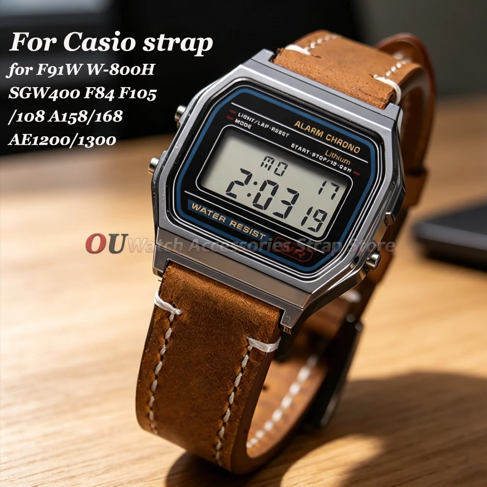Correa de Cuero Retro Vintage de 18 mm para Casio Mod Kit, para F91W W-800H SGW400 F84 F105/108 A158/168 AE1200/1300, Liberación Rápida