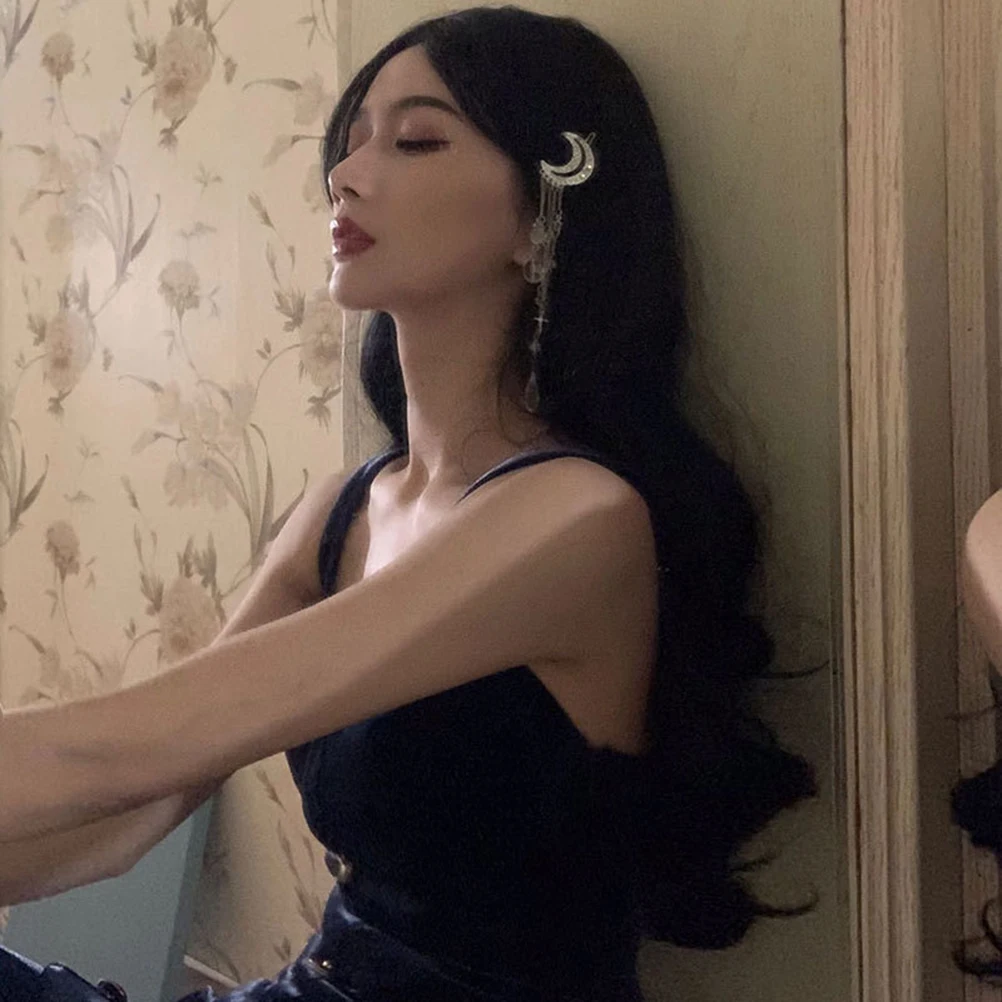 

2Pcs Moon Shaped Hairpin Rhinestone Tassel Hair Clip Vintage Style Hair Accessory for Women Shiny Hairpin Headdress for Women