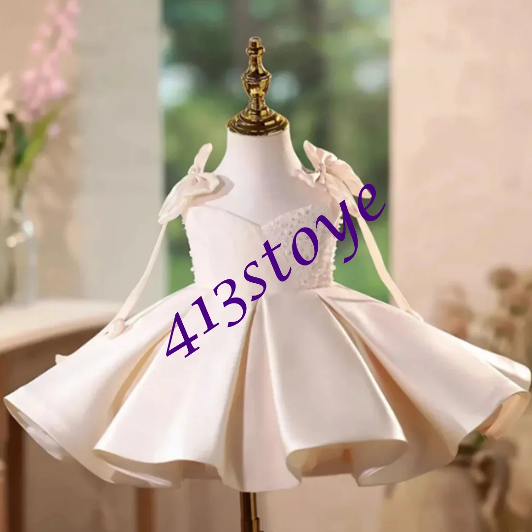 Abiti da ragazza di fiore avorio personalizzati per perle di pizzo da sposa con fiocco in raso elegante abito da festa di compleanno per occasioni formali per bambini
