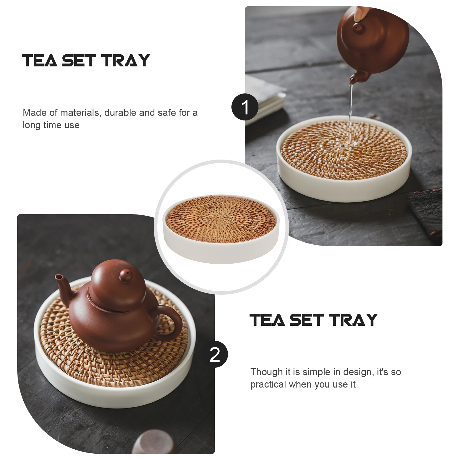 

1Set Round Teapot Storage Teacup Plate Home Tableware Easy Clean Tea Set Tray Rattan Style Serving Plate Reusable Tea