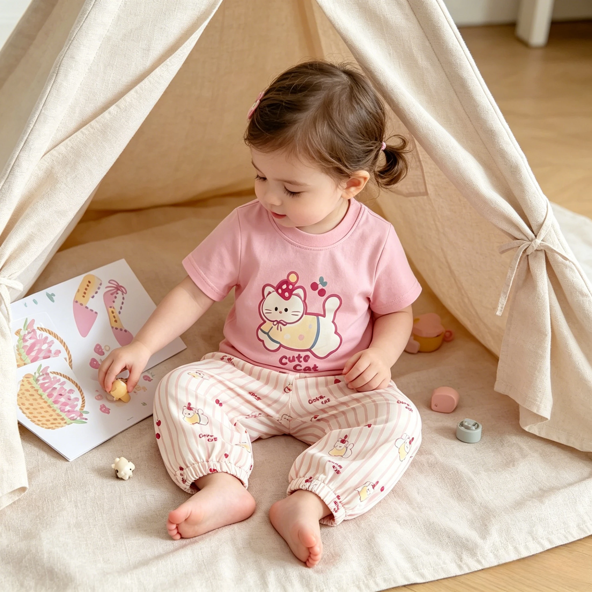 Toddler Girls 2Pcs Summer Pajama Set Cute Cartoon Cat Print Short Sleeve T-shirt Striped Cherry Pattern Elastic Cuff Loose Pants