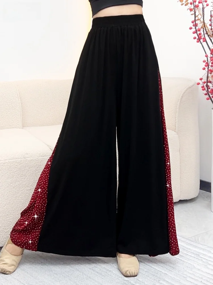 エレガントなドレープルーズワイドレッグパンツ女性のクラシックダンス練習スーツスパークリングダイヤモンドディテール通気性快適なフィットネスウェア