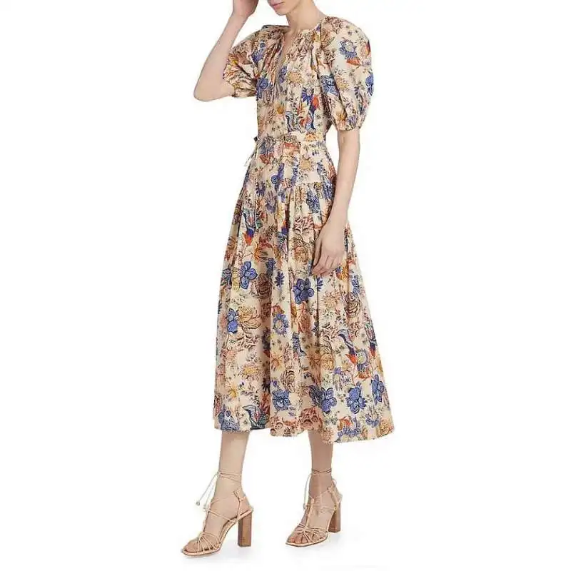 

Women retro printed cotton dress fashion short sleeve midi dress