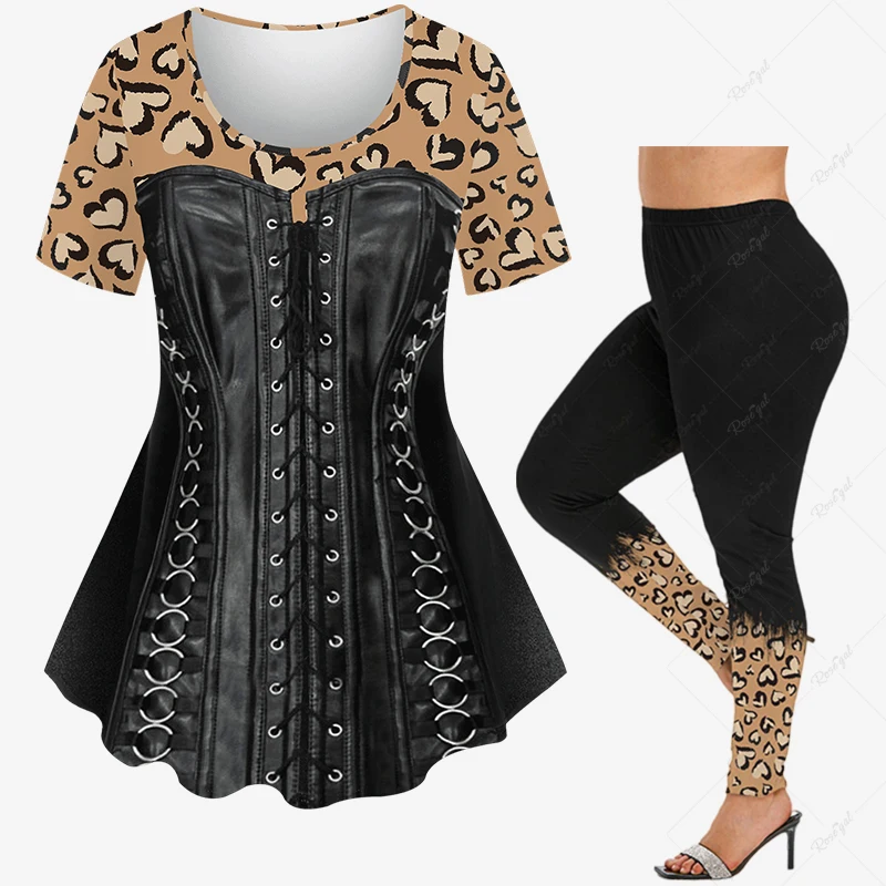 Valentine\'s Day Matching Set For Women 3D PU Lace Up O-Ring Grommet Leopard Heart Print T-shirt Or Skinny Leggings Casual Suit