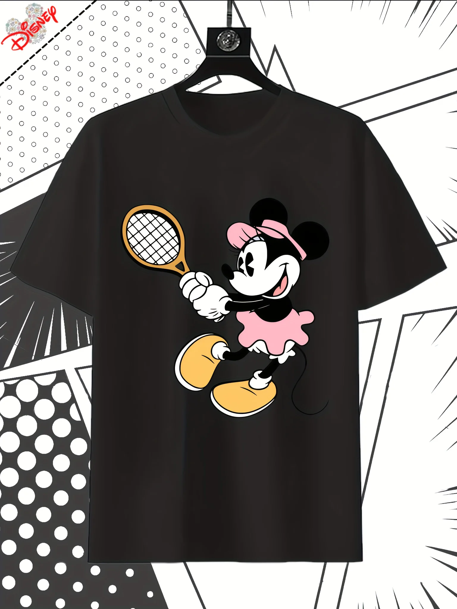

Футболка с рисунком Минни Маус Диснея — дизайн с ушками Микки и ракетками, повседневный круглый вырез с короткими рукавами, круглый год