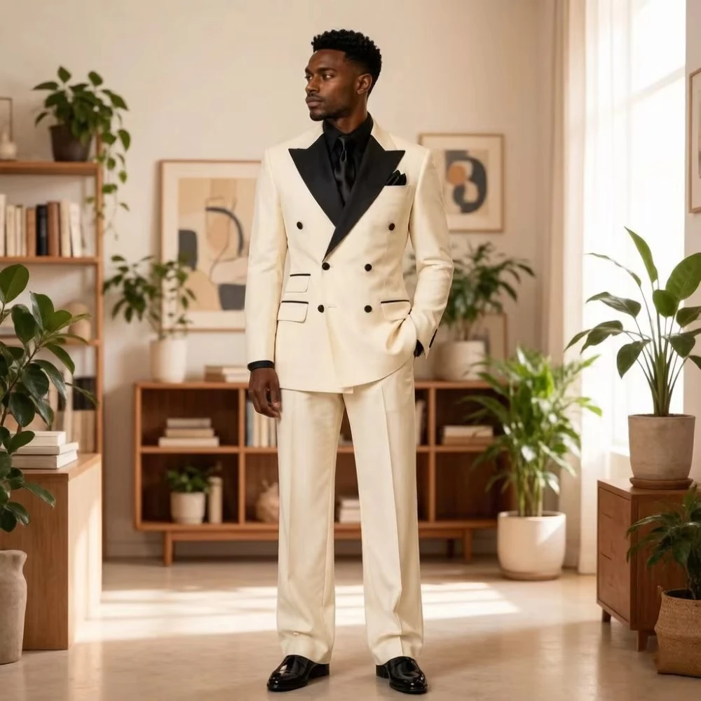 Elegant Double Breasted White Suits for Men Luxury Lapel Groom 2 Pieces Mix Match Separates Hotel Wedding Banquet Style