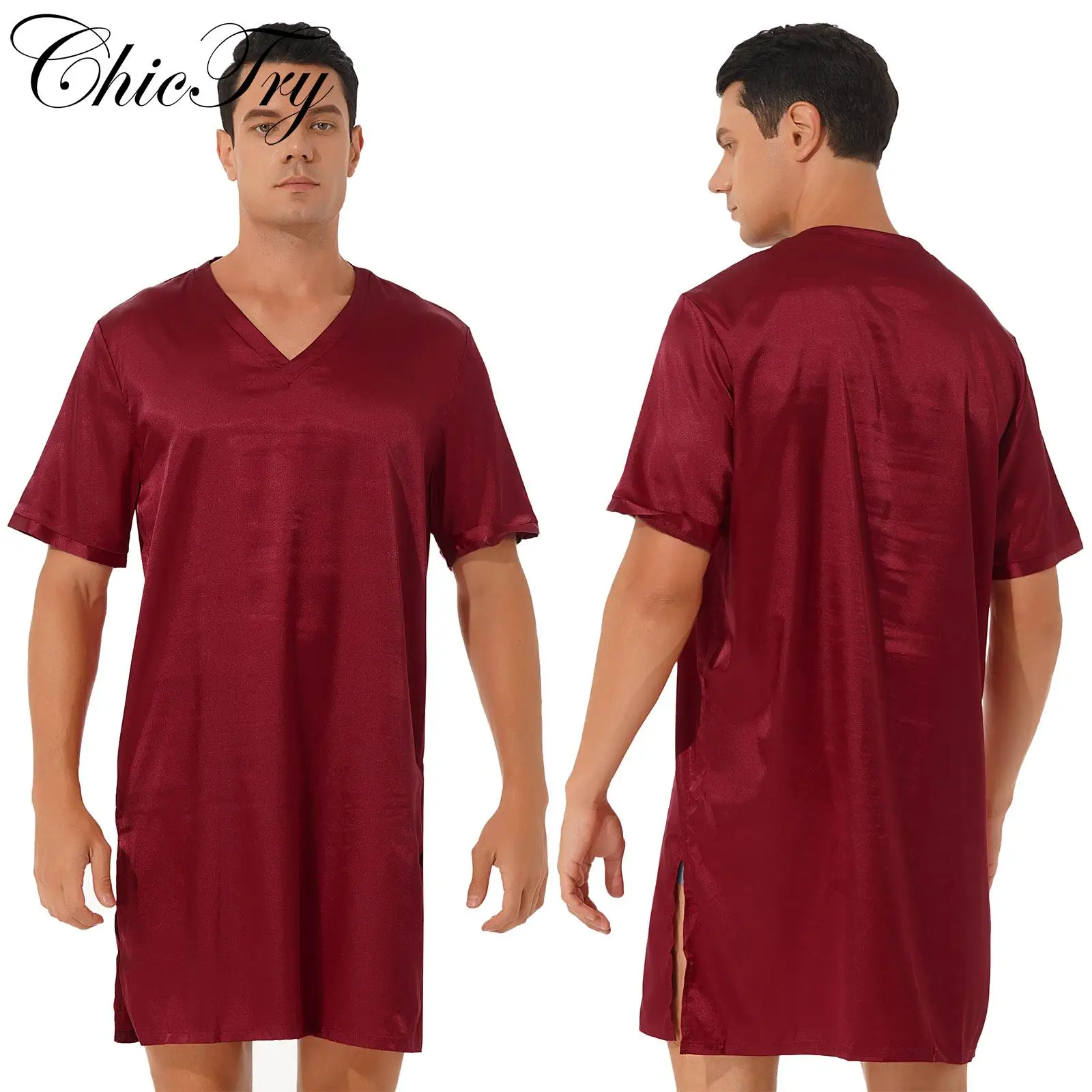 Mens Satin Sleepwear Tops Night Shirt Nightgown Pajamas Dress Short Sleeve Underwear Homewear Sides Split Sleep Tops Nightwear