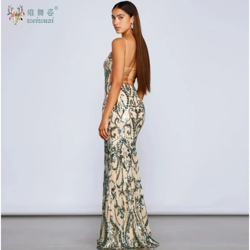 Women Elegant Backless Spaghetti Strap Bodycon Fishtail Skirt Handmade Bead Embroidery Sequin Party Prom Long Evening Dress