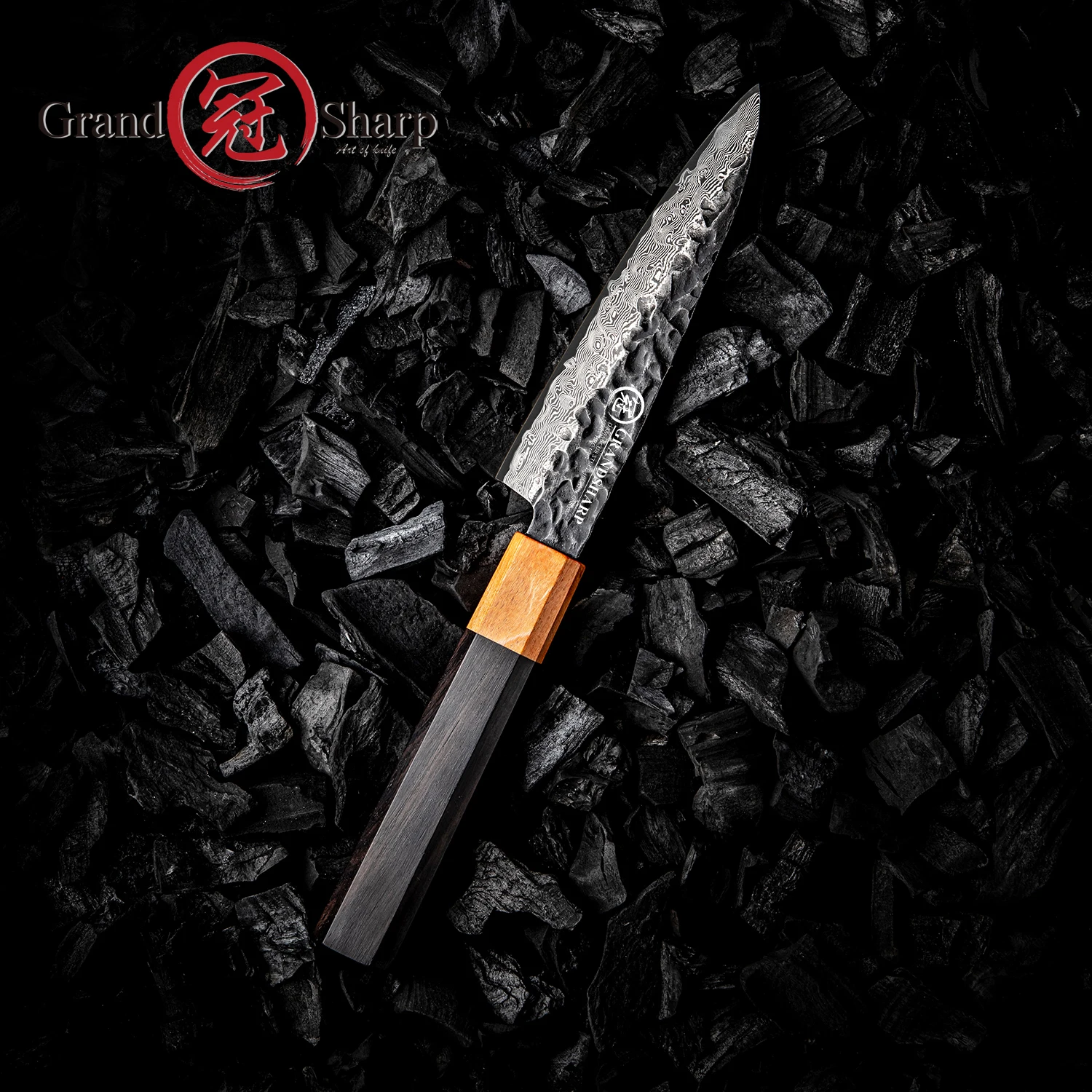 Grandsharp 4.7 Inch Utility Knife 67 Layers Damascus Steel Blade and Comfortable Ebony Handle Hammered Blade for Chefs