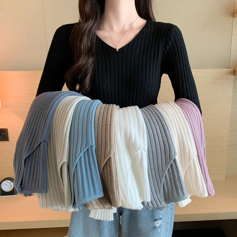 

Autumn and winter 2025 v-neck long-sleeved bottoming knitted sweater tops casual slim-fitting tight sweaters for women pullover