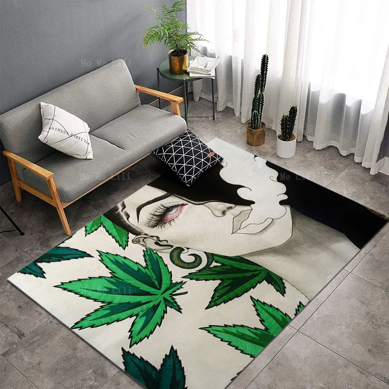 Black Girl Female Smoking Psychedelic Weed Green Leaf Filled Non Slip Flannel Floor Rugs By Ho Me Lili