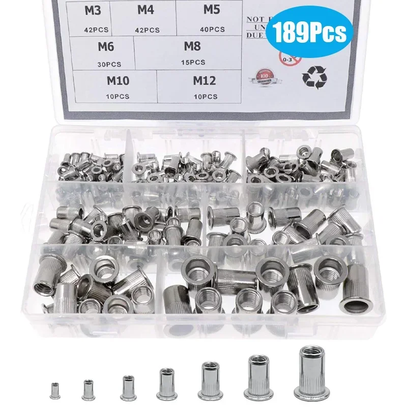 189Pcs 304 Stainless Steel Threaded Rivets Nut Set Flat Head Crimp Threaded Insert Nutsert Cap Rivet Nut M3 M4 M5 M6 M8 M10 M12