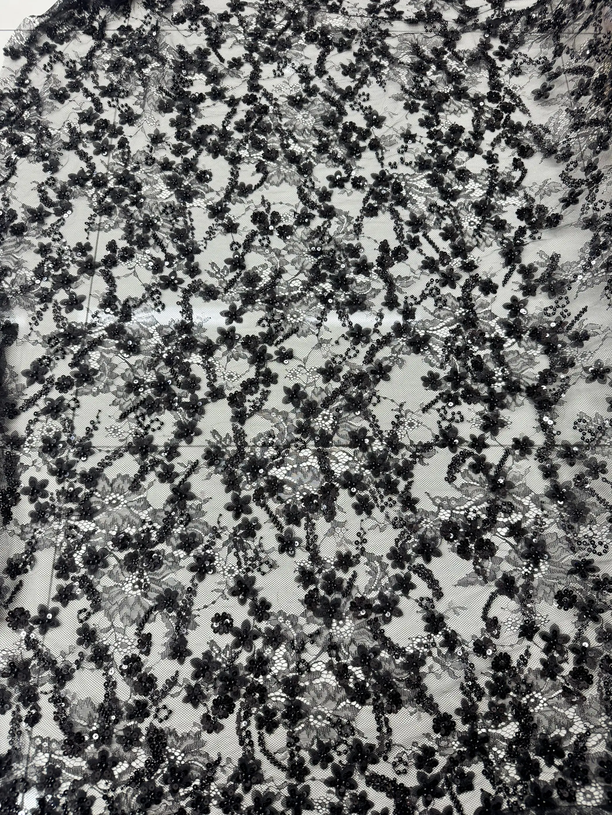 Diamond Pearl Appliqued Flower Tube Bubble Embroidered Fabric Sequin Lace Dresses Stage Costume Bridal Evening Party Material