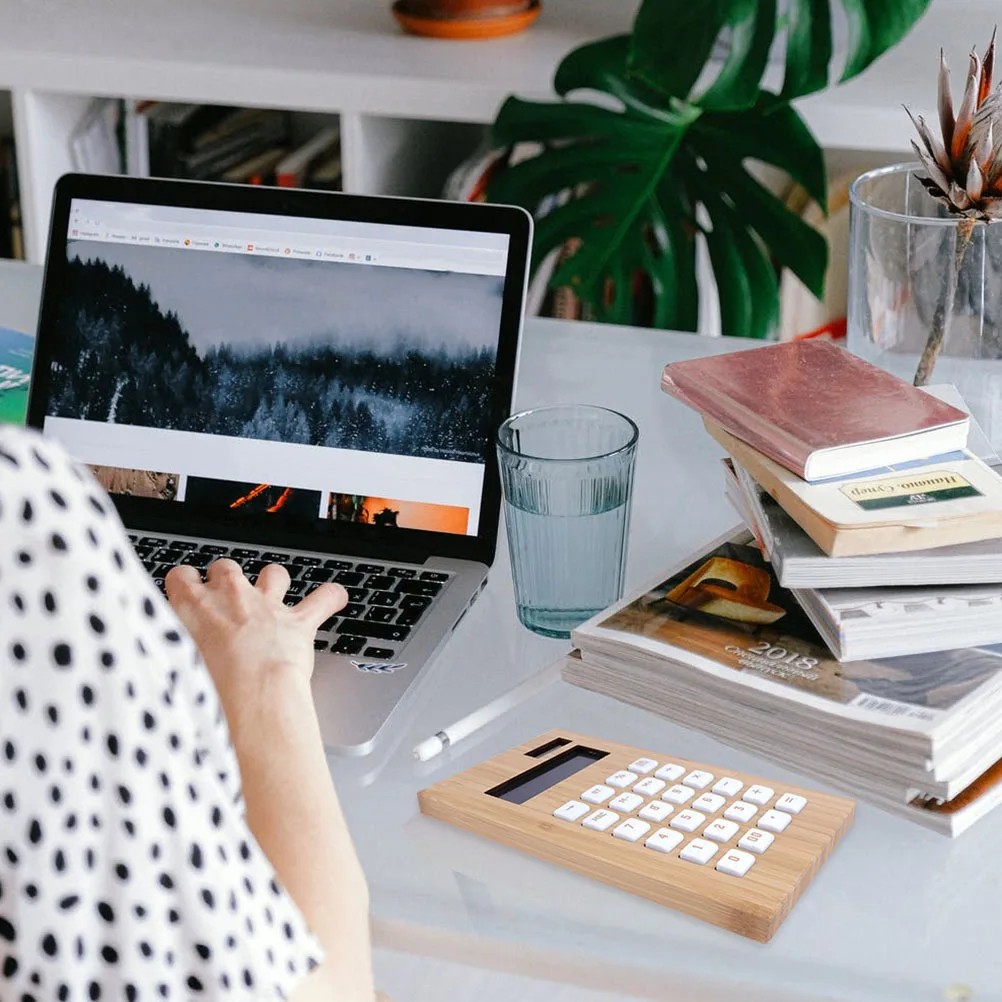 

1pc Solar Powered Wooden Calculator Eco Friendly For School Office Home Portable Electronic Calculation Aid Bamboo