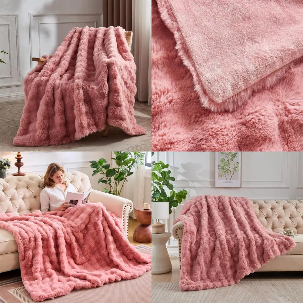 

Luxurious Plush Pink Rabbit Fluff King Size Blanket, Soft Cozy Shaggy Throw, 108x90 Inches