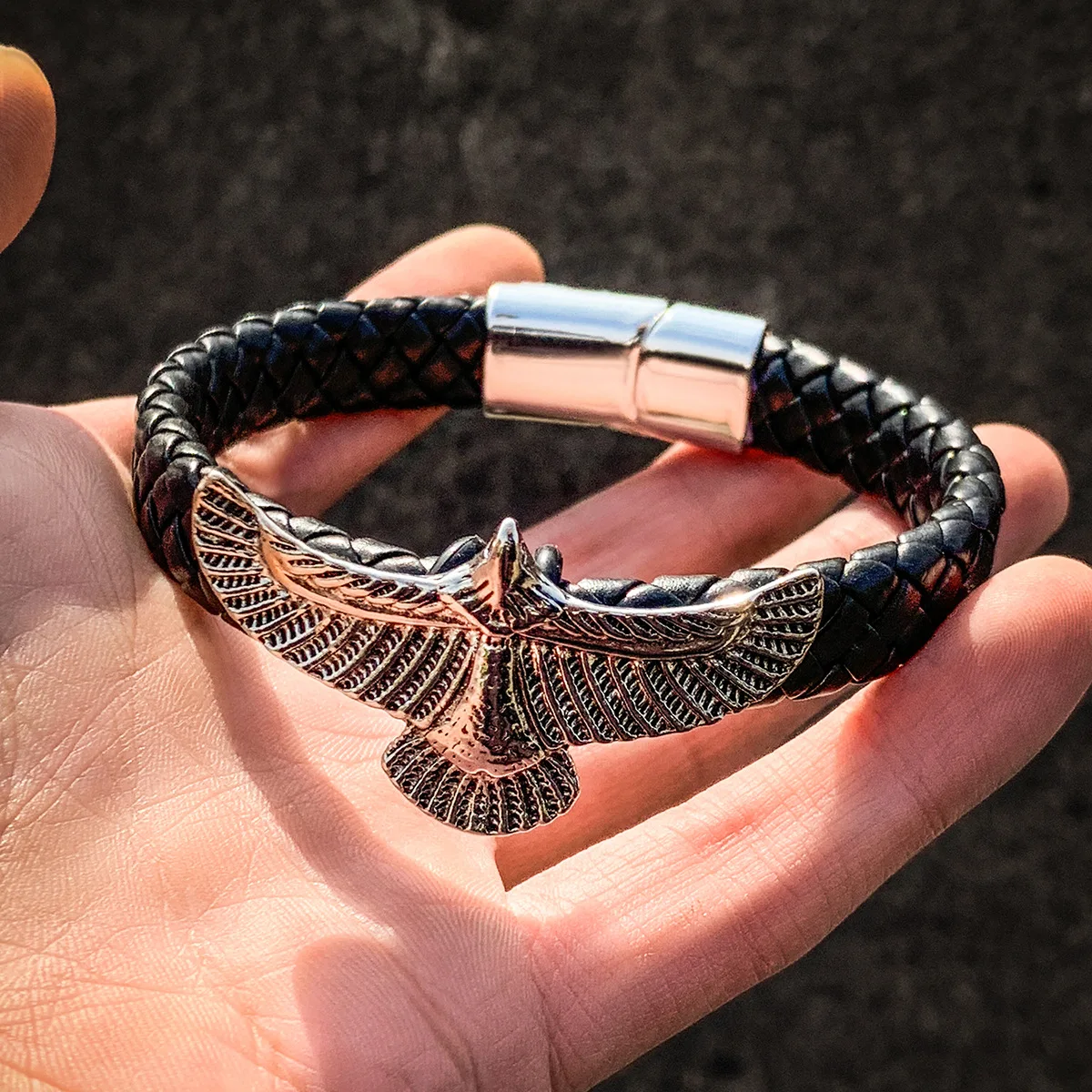 Men'S Accessories Hand Bands - 남성용 패션 이글 팔찌, 블랙 가죽