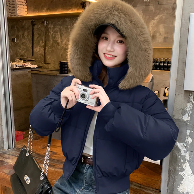 Winter Women Cropped Fur Collar Jacket Women Y2K Korean Streetwear Short Down Cotton Parkas Trendy All Match Cotton Coat Woman