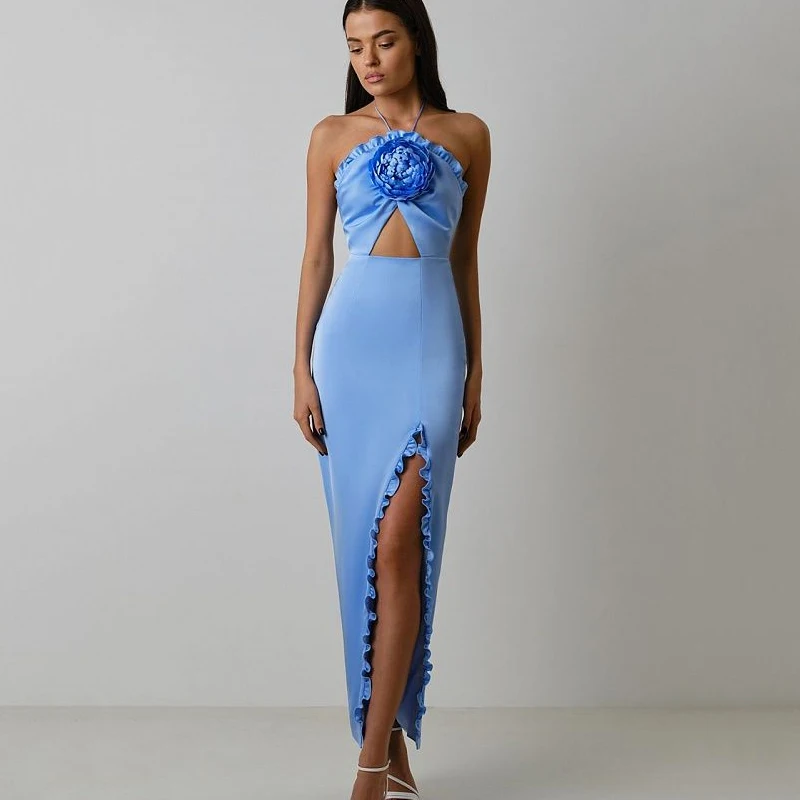 New Sexy Sky Blue Hanging Neck Decorative Flower Dress, Women\'s Hem Split Ruffle Edge Small ceremonial dressDress Long Style