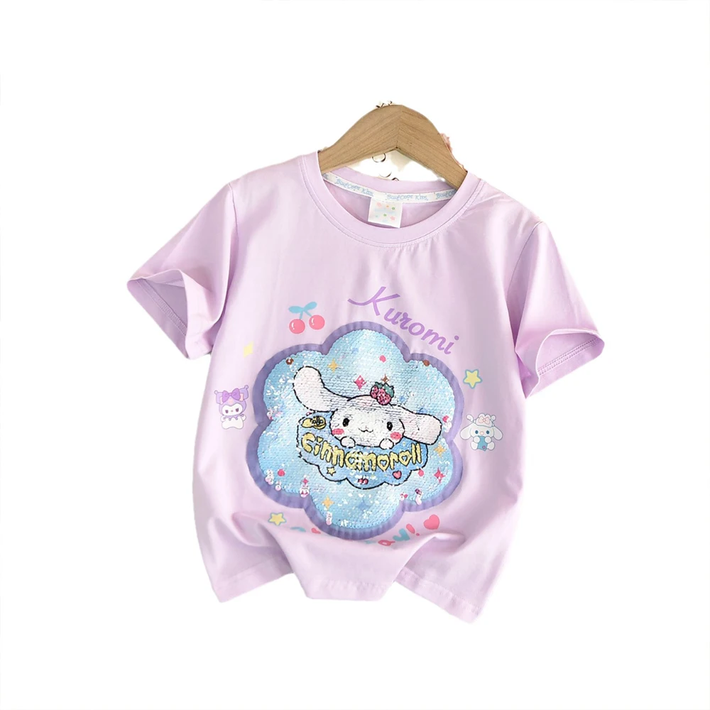 Cinnamoroll Sanrios Kids Short Sleeved Melody Kuromi Cartoon Anime T-Shirt Summer Tops Breathable Youngsters Sequin Short Sleeve