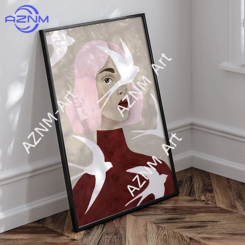 Mädchen, Taube, Rose, Parfüm, Blumen, Rotwein, Wandkunst, Leinwand, Ölgemälde, nordische Poster und Drucke, Bilder für Wohnzimmerdekoration