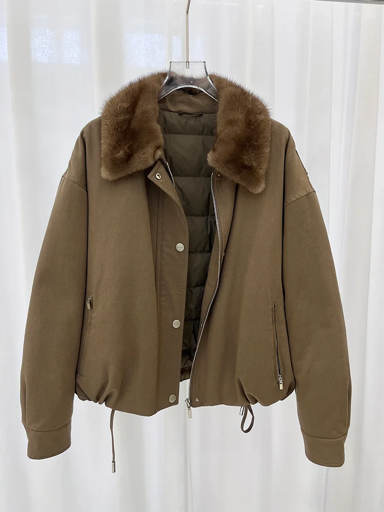 Mode femmes hiver chaud doudoune d'oie réel col de fourrure de vison vestes courtes décontracté femme vestes bouffantes offre spéciale