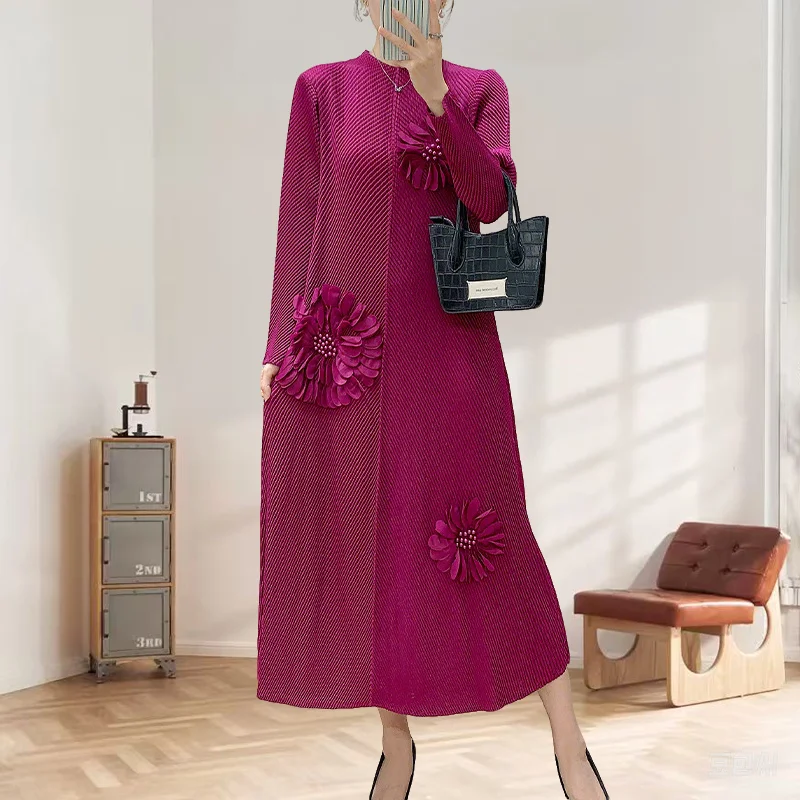 

Miyake Pleated Dress 2025 Summer New Fold Long Dress Handmade Disc Flower Staring Bead Long Dress Women's Slimming Clothing
