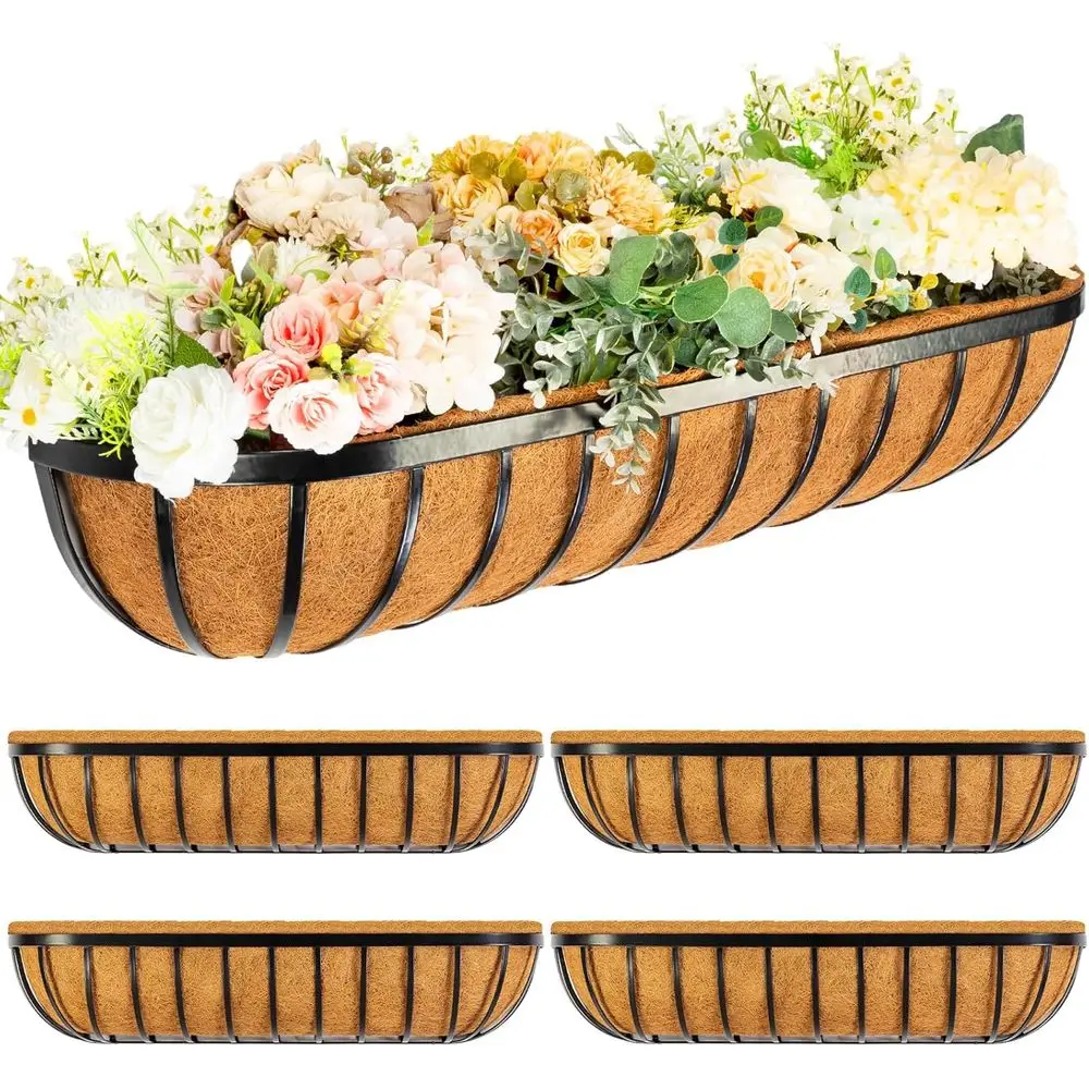 

4 Sets 36 Inch Window Deck Railing Planters Boxes with CLiner Outdoor Wall Planter or Plants Balcony Metal Hanging Planter Brack