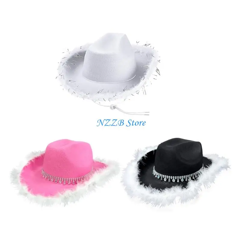 

T21F Eye-catching Crystal Cowboy Hats Bride Hat Panama Hat for Bachelorette Party Cowboy Hats for Club Stage Shows
