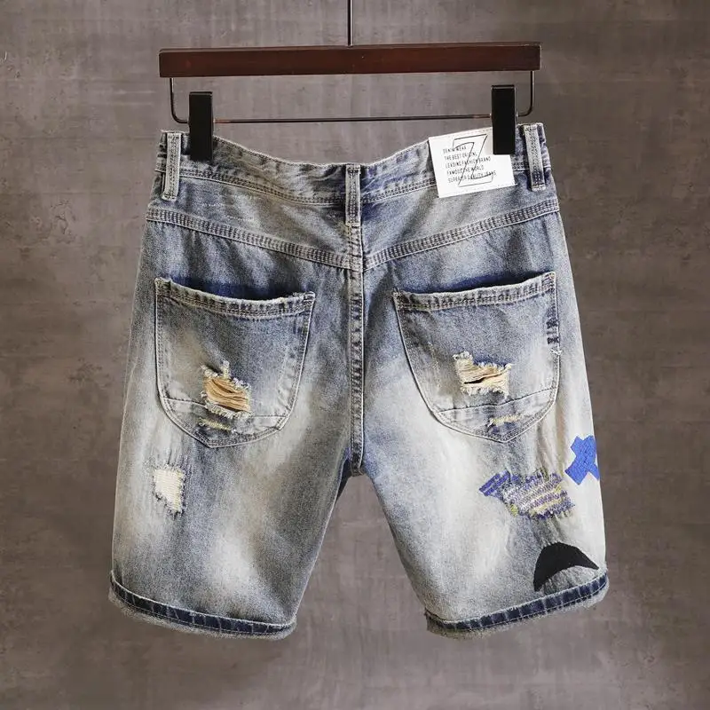 Fashion Trendy Casual Denim Knee Length Jeans for Men Summer Classic Stylish Embroidered Denim Shorts for Cowboy Male Shorts