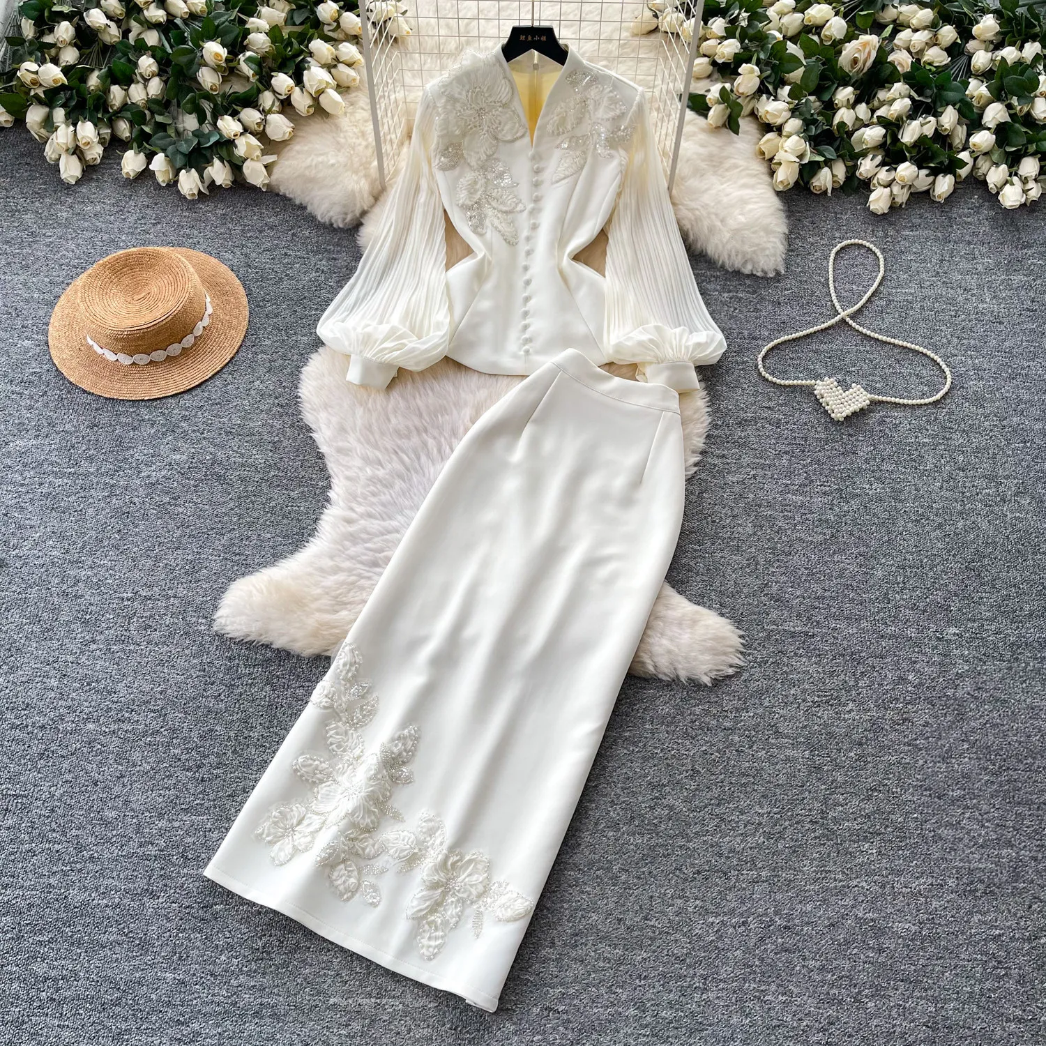 

Women Skirt Set Two Piece Sets V Neck Full Sleeve Tops Sexy Lace Long Skirts High Waist Y2k Streetwear Elegant Slim Fit Spring