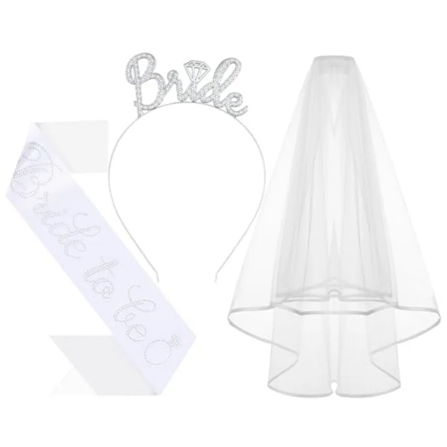 3Pcs Bride to Be Headband with Sash and Veil for Bachelorette Party Decorations, Bridal Shower Accessories for Gift, Favors