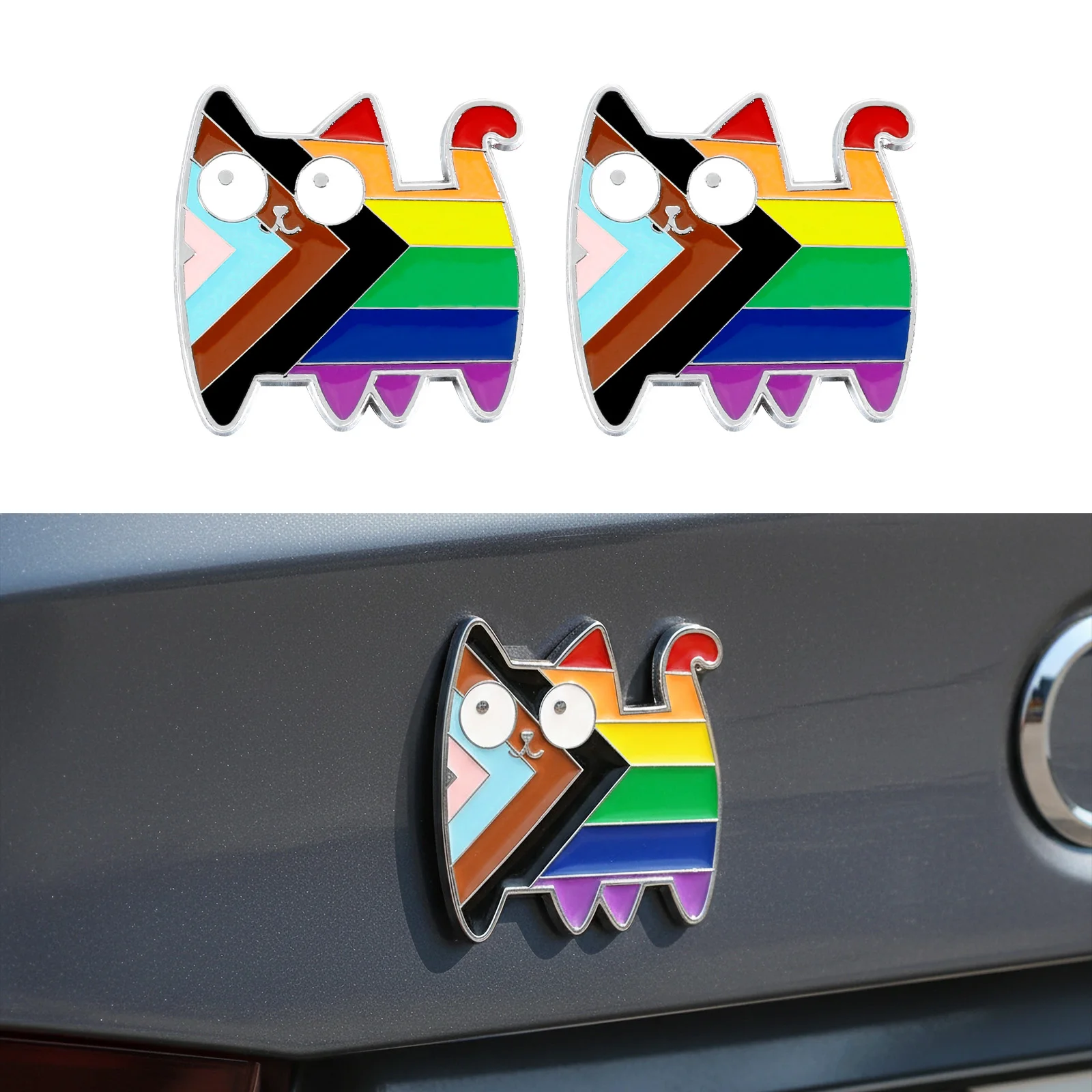 Cute Cat Metal Car Sticker, Rainbow Stripes Stylish Design, Eye-Catching Rear Bumper Sticker, Fashionable Decorative Vinyl for U
