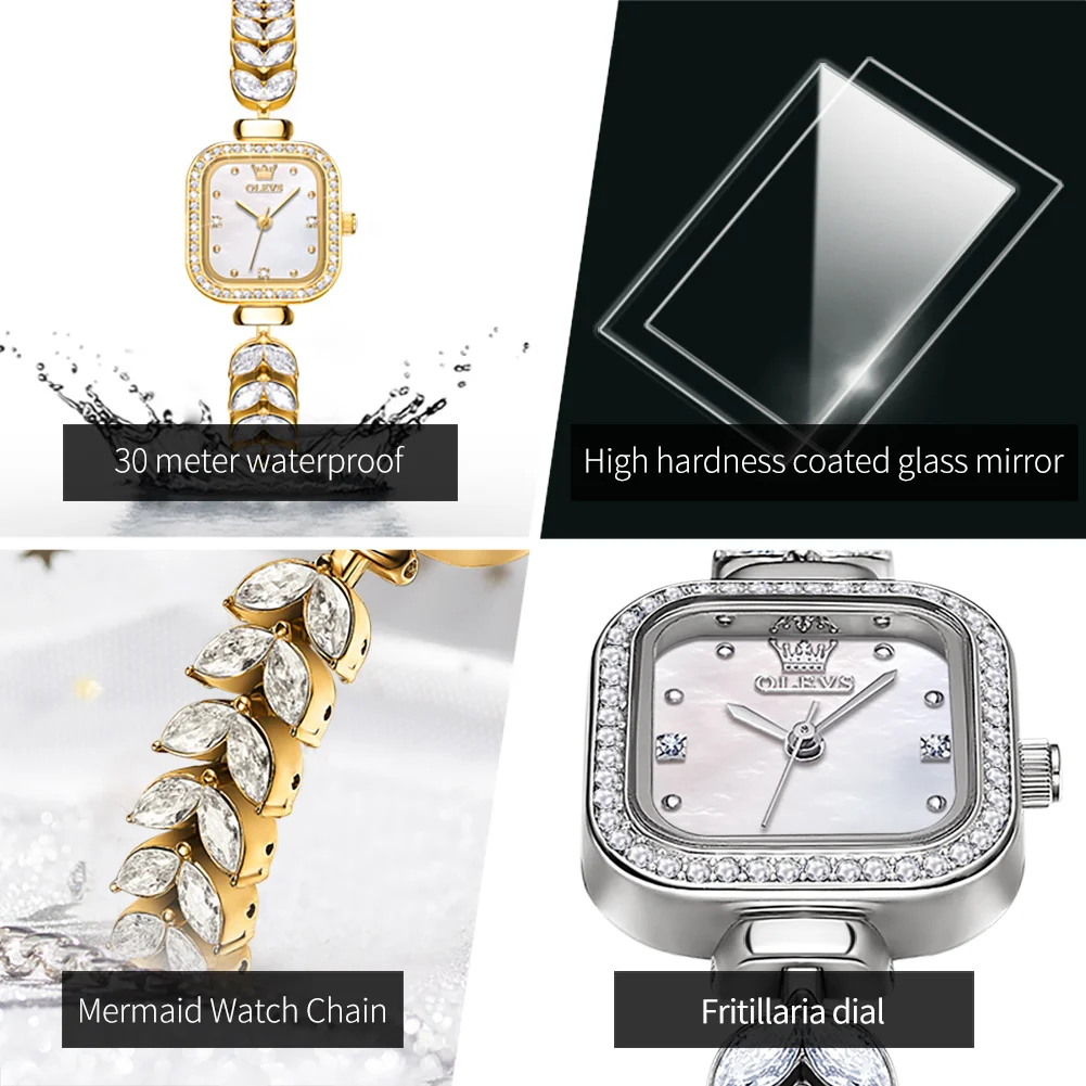 OLEVS Brand Original Women\'s Watches Luxury Fashion Waterproof Fishbone Chain Bracelet Quartz Watch With Diamonds Square Dial