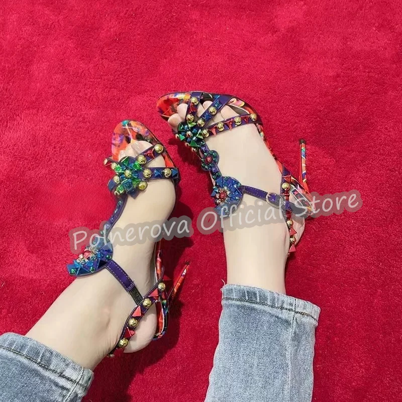 

Colorful Rhinestone Rivet T-Strap Women Sandals Peep Toe High Heel Summer Gladiator Shoes Luxury Leather Narrow Lady Dress Pumps