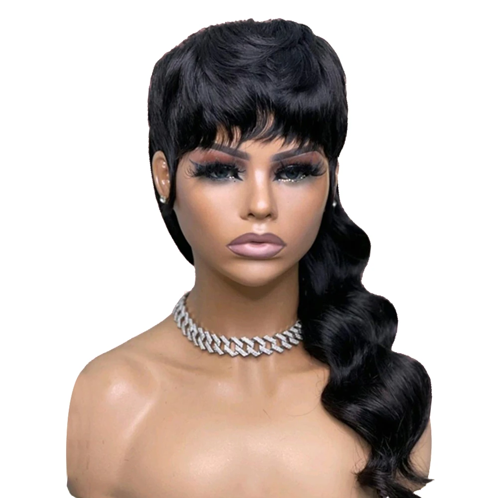 Black Body Wave Mullet Wig For Women Pixie Cut Ready To Wear Dovetail Wigs Brazilian Virgin Human Hair Full Machine Made Wig